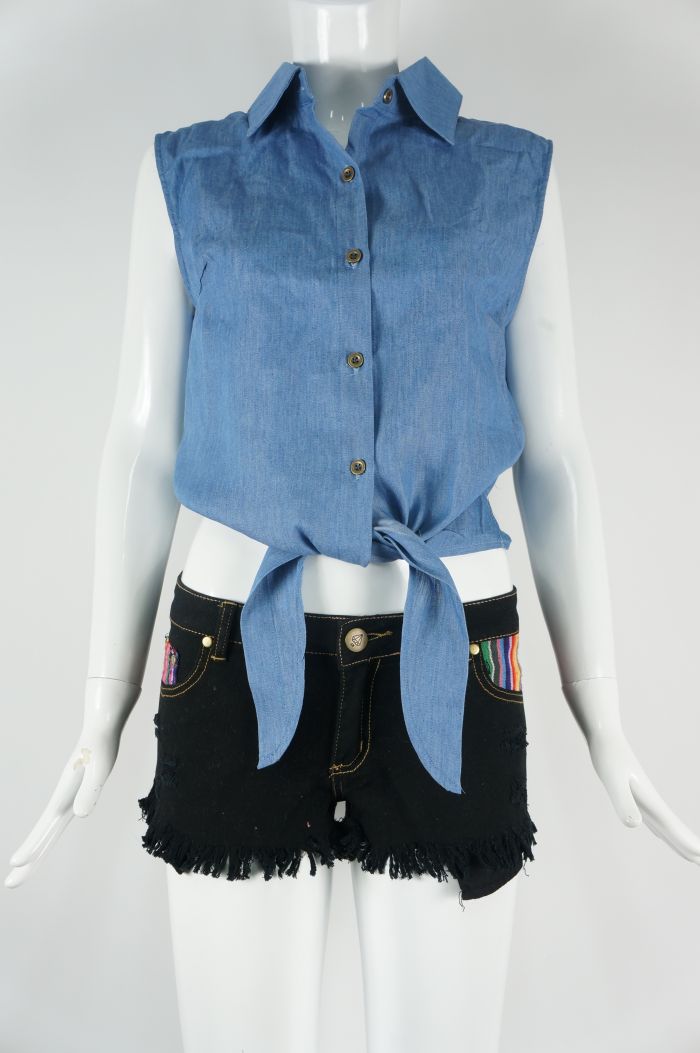 Newly Fashion Blue Revers Top with A Knot